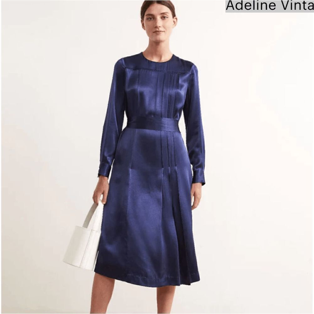 NWT Adeline Navy Satin Vintage Pleat Dress by KITRI Studio - SZ 4